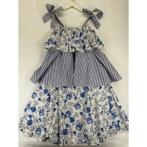 MDS Stripes Tiered Ruffle Dress Blue Floral Striped Cotton Midi Women's Size 2